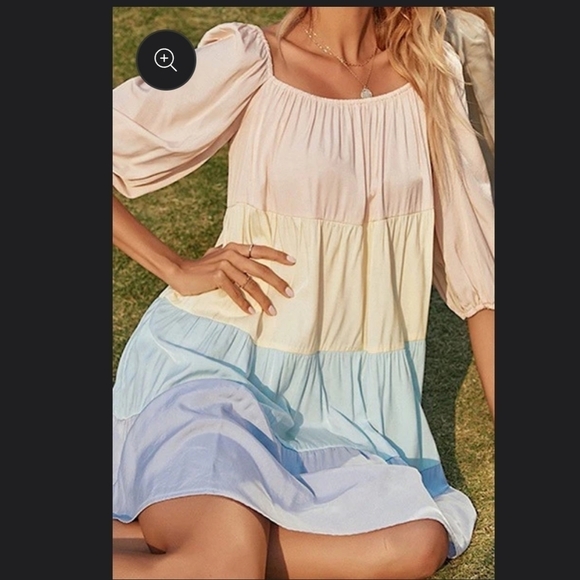 Pastel multicolor tiered dress 3/4 sleeve L XL pink yellow green blue prariecore - Picture 5 of 16
